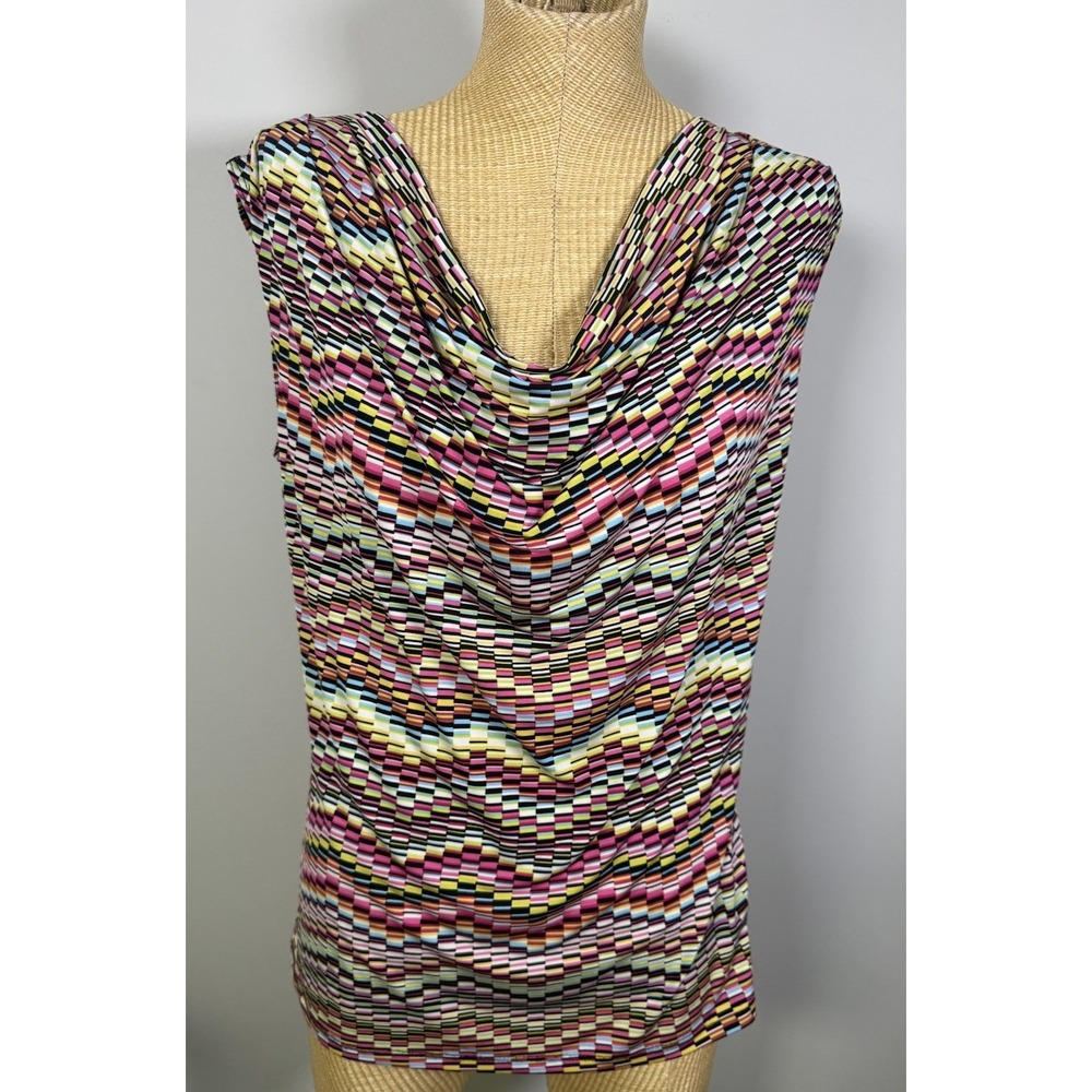 Jennie & Marlis Women's Y2K Blouse Top Cowl‎ Neck Slinky Stretch Geometric Large
